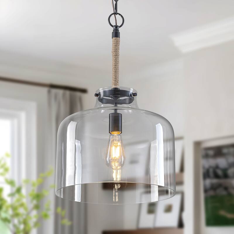 Starsky 1-Light Clear Glass Bell Jar / Cloche Pendant With Rope Accent - Black