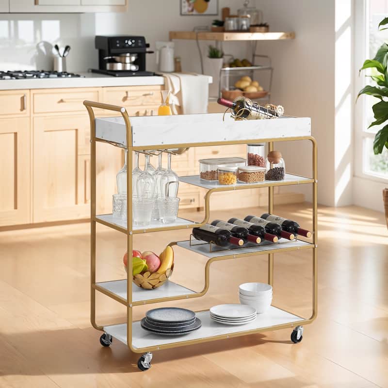 Mobile Bar Cart on Wheels,6-Tier Bar Bar Serving Carts with Wine Rack and Glass Holder for Kitchen,Gold - N/A
