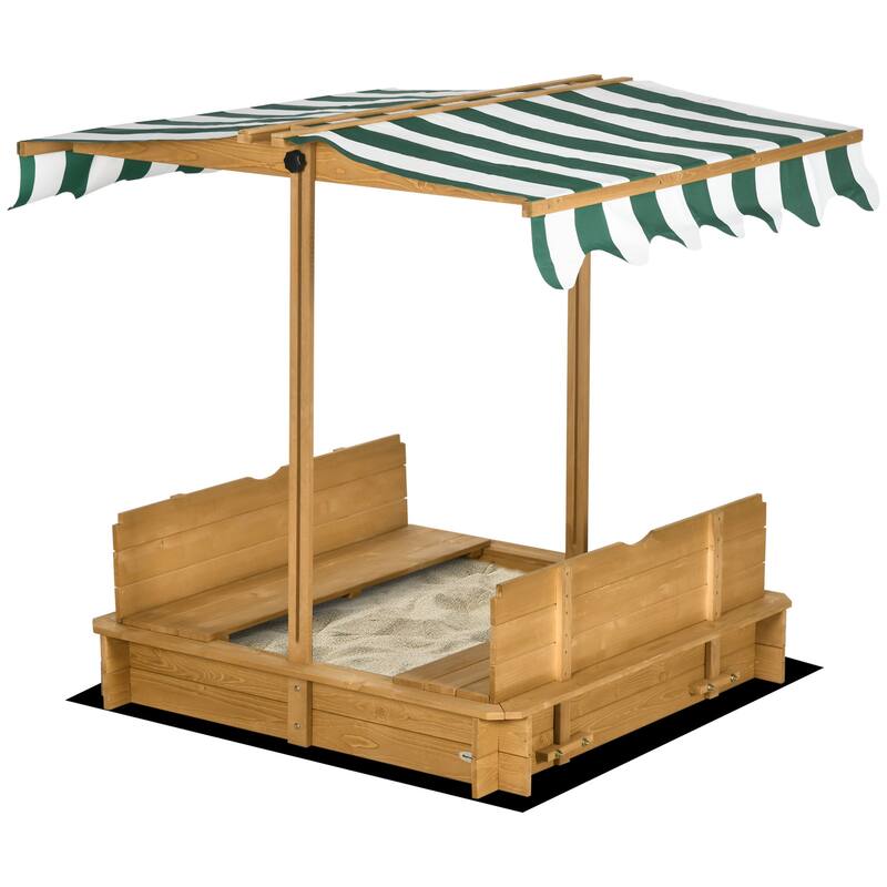 Wooden Kids Sandbox with Cover, Children Outdoor Sand Box with Foldable Bench Seats,Adjustable Canopy