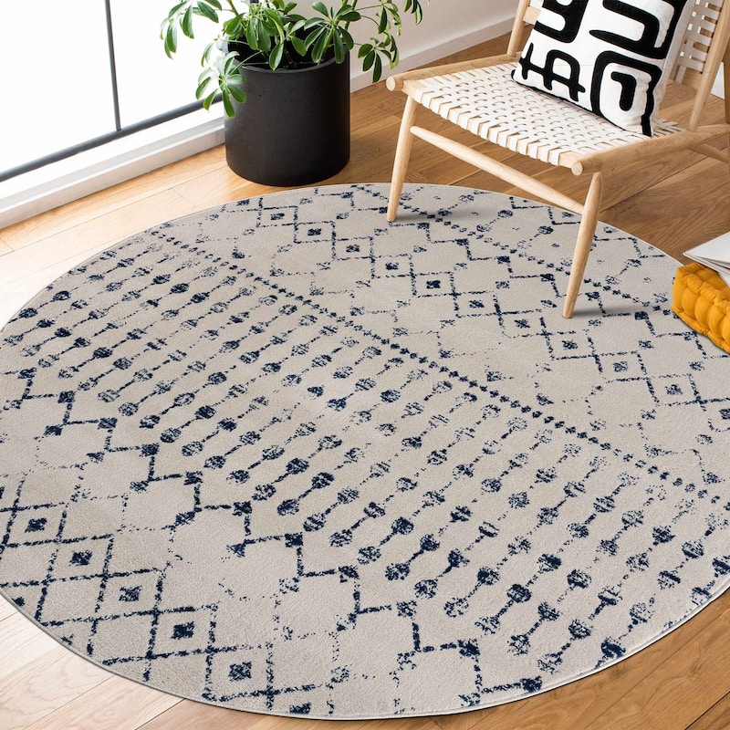 Tigris Tanu Moroccan Trellis Farmhouse Boho Area Rug - 6'7" Round - Cream, Ivory, Beige, Blue