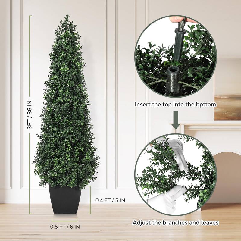 3FT Artificial Boxwood Topiary Trees,2Pack Faux Topiaries Tree Potted Boxwood Tree Cone Topiary Artificial Plant Shrub