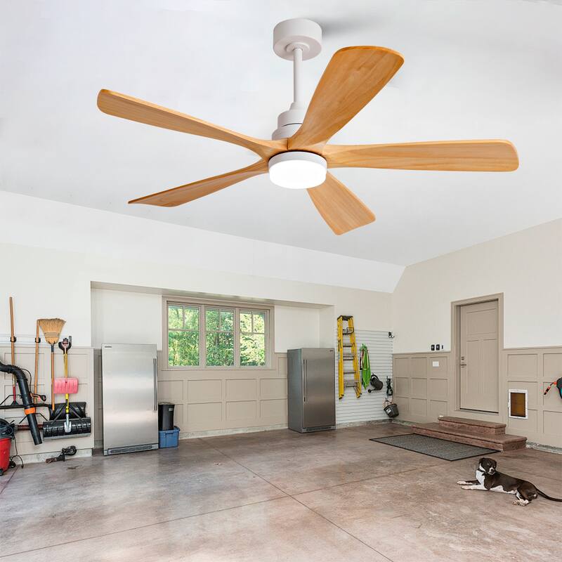 52" Ceiling Fans With Lights and Remote Control, Dimmable LED, 5 Solid Wood Blades,for Bedroom, Living Room - 52 Inches - White with Wood