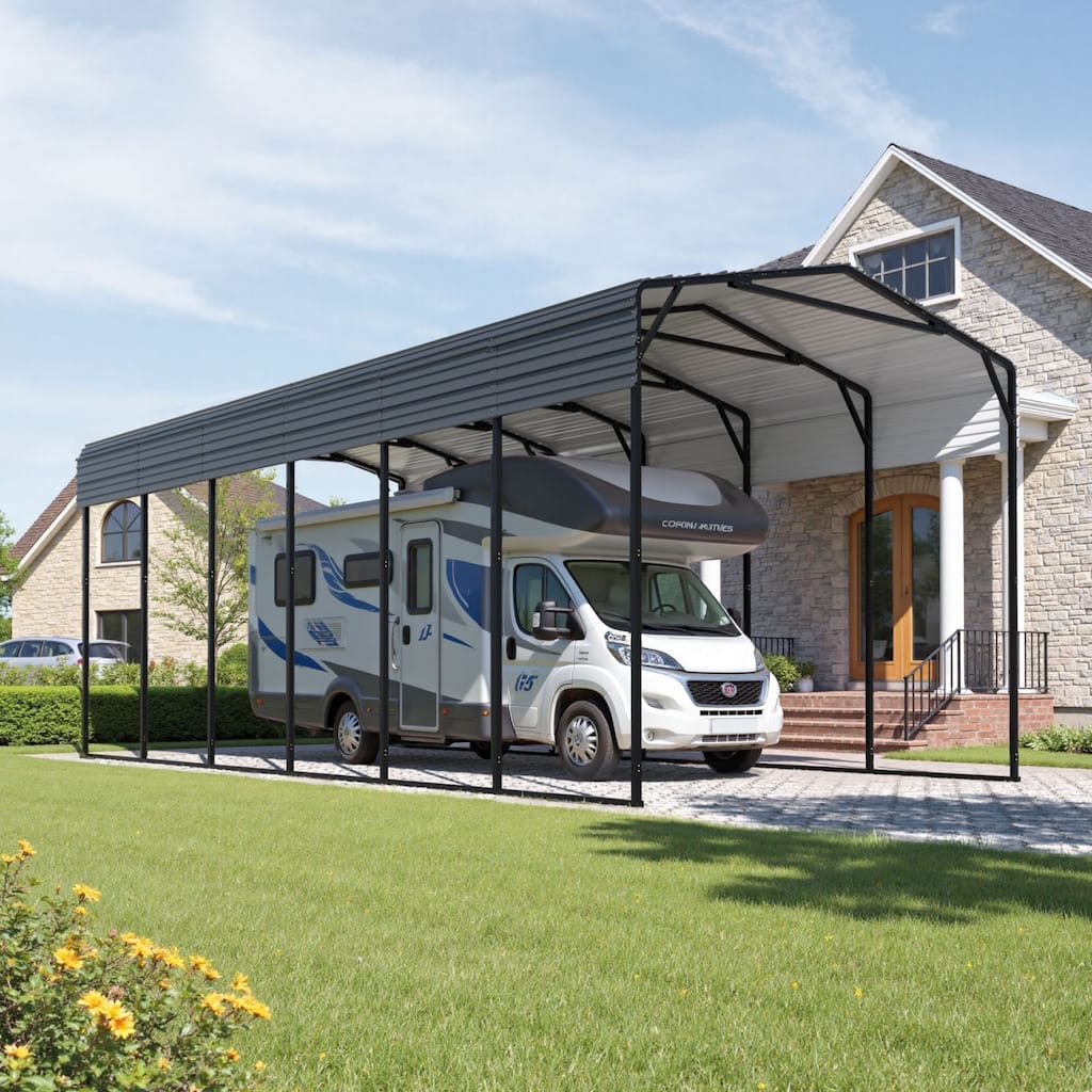 VEIKOUS 14x30 FT Heavy Duty Metal Carport, Thick Steel Frame Outdoor Carport, Reinforced Base Design for RV & Vehicles