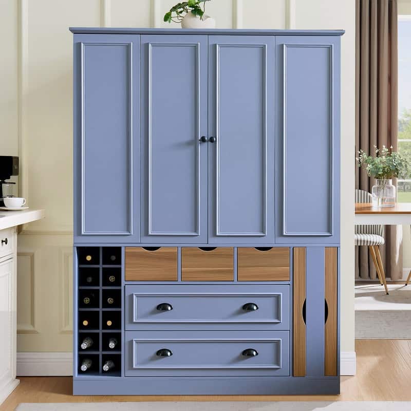 Farmhouse 71''H Kitchen Pantry Storage Cabinet with 4 Foldable Doors,Power Outlet, Shelves, Wine Racks and Serving Trays