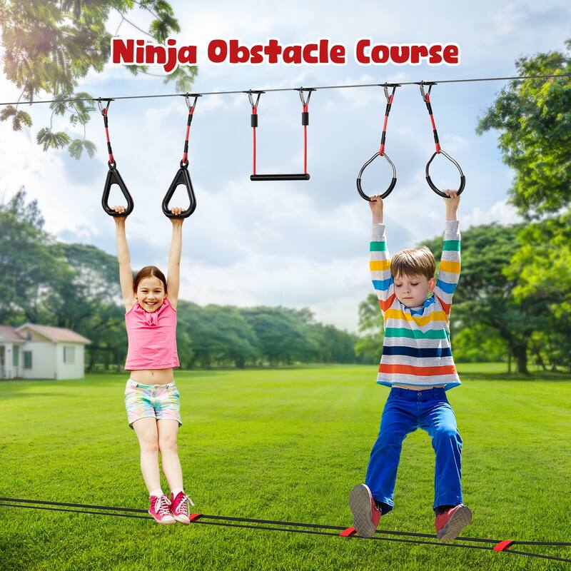 50ft Ninja Warrior Obstacle Course for Kids with Rickety Bridge,Tree Slackline Jungle Gym for Backyard Outdoor