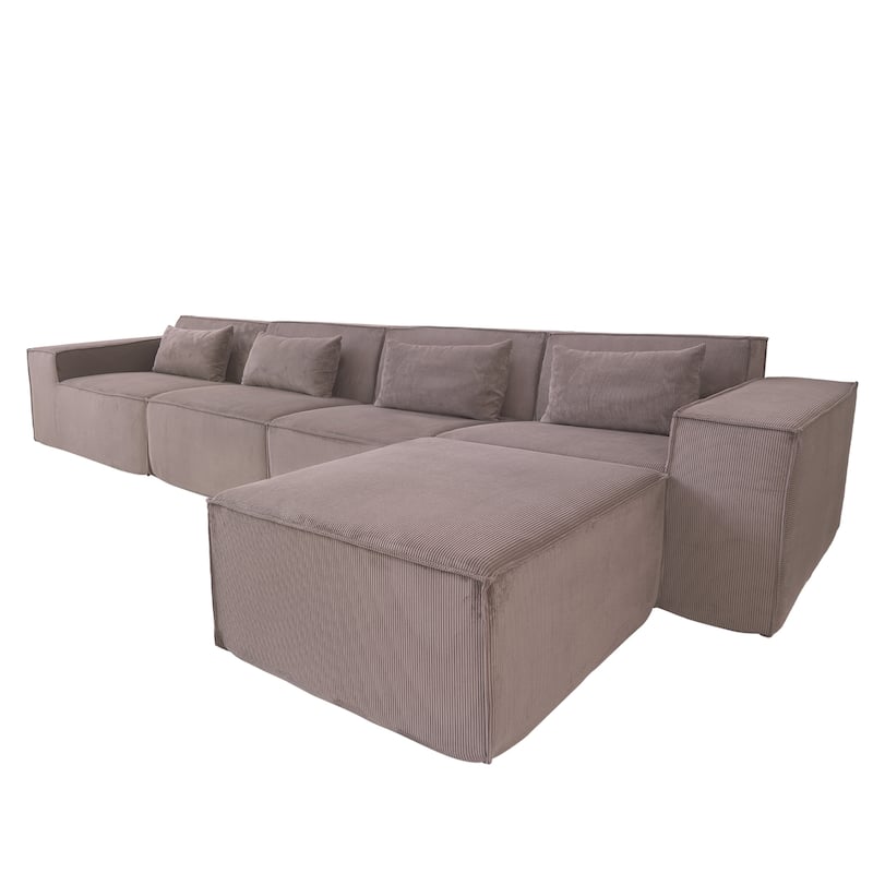 L-shape Corduroy Sectional Sofa with Ottoman, Flexible Combinations 5-Seater Living room Couch