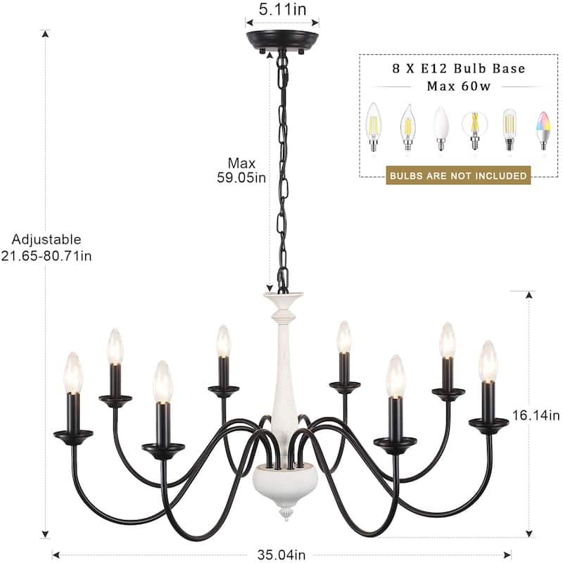 35.04" Wide 8-Light Traditional Industrial Chandelier, Candle Style Chandelier for Living Room Kitchen Island Dining Foyer