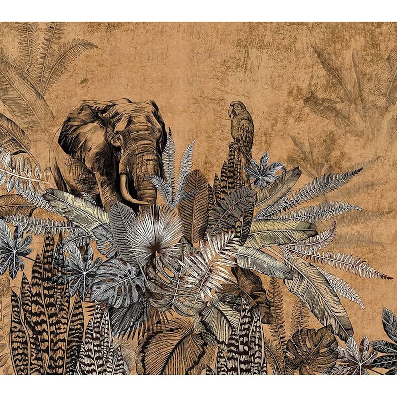 Vintage Safari Elegance Wallpaper Mural Intricate Foliage - Orange - W:131" x H:118"