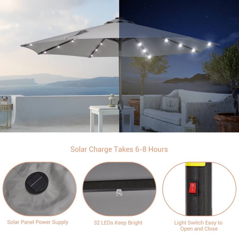 LIVOOSUN LED 9ft Patio Umbrella Market Umbrella Steel Tilt w/Crank