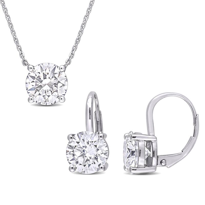 Miadora 5 4/5ct DEW Created Moissanite Solitaire Leverback Earrings & Necklace Set in 14k White Gold