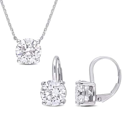 Miadora 5 4/5ct DEW Created Moissanite Solitaire Leverback Earrings & Necklace Set in 14k White Gold