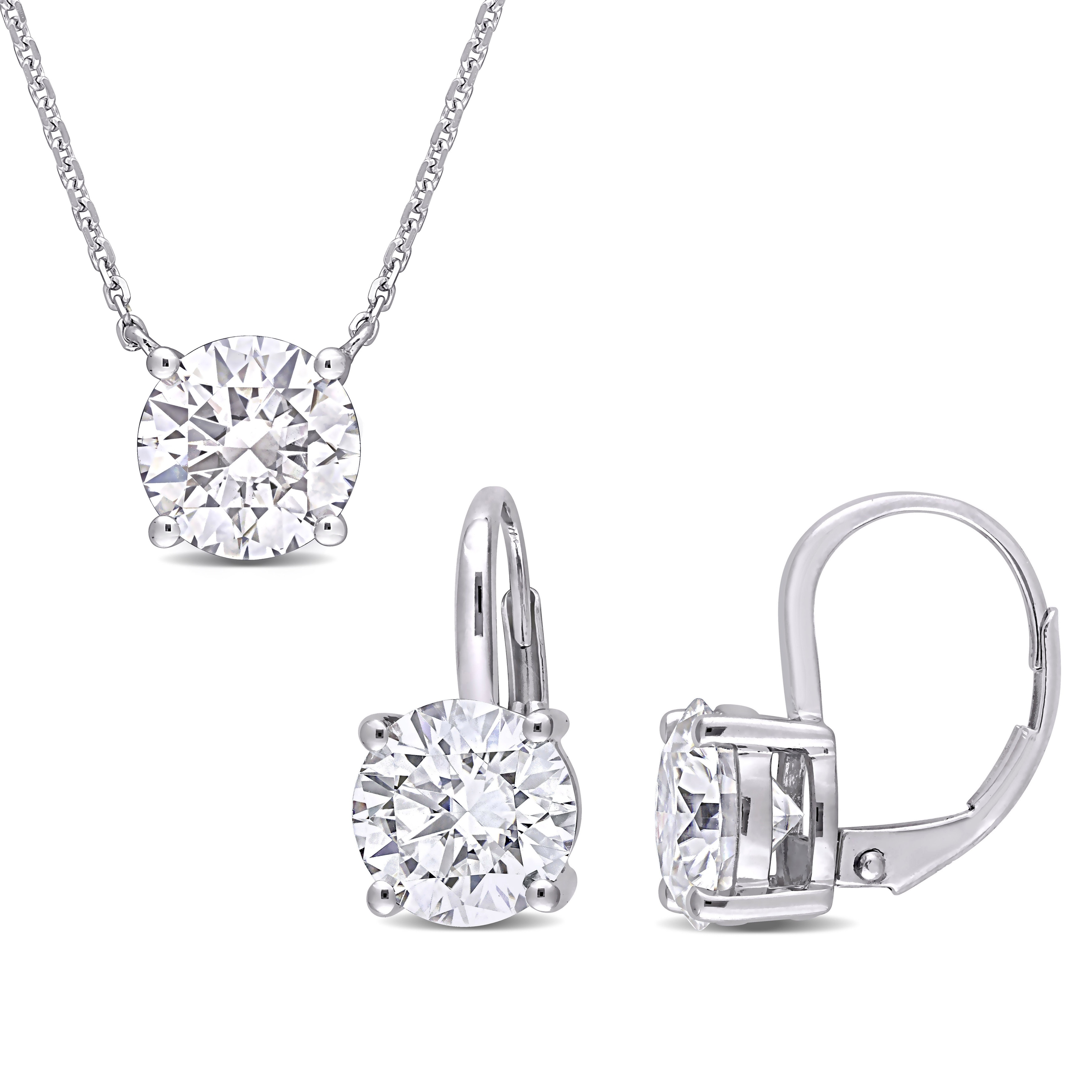 Miadora 5 4/5ct DEW Created Moissanite Solitaire Leverback Earrings & Necklace Set in 14k White Gold