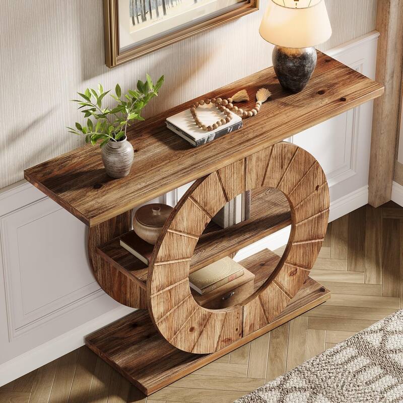 Solid Wood Console Table with Storage, Sofa Table with 3-Tier Shelves for Living Room, Hallway, Foyer