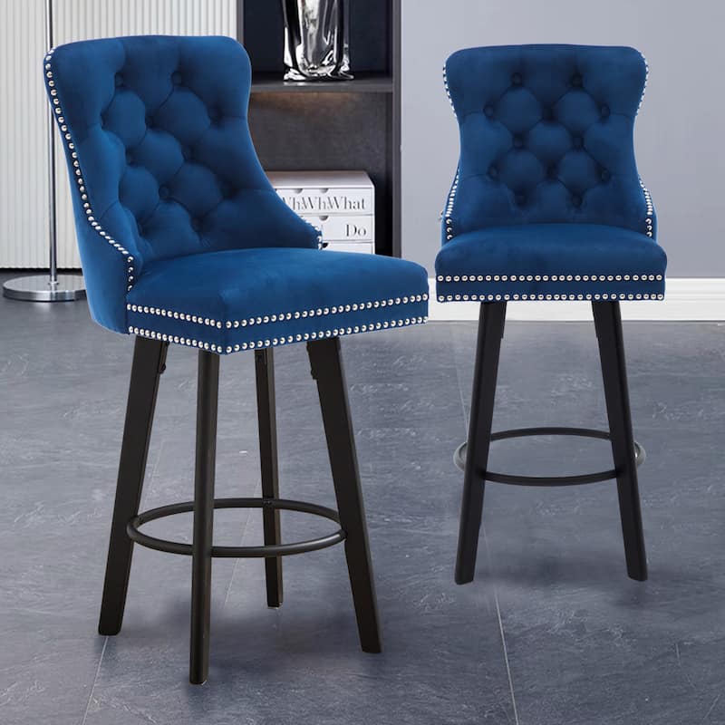 Modern Swivel Bar Stools, Navy Blue Velvet with Button Tufting & Rivet Trim, Large Backrest & Footrest, Set of 2