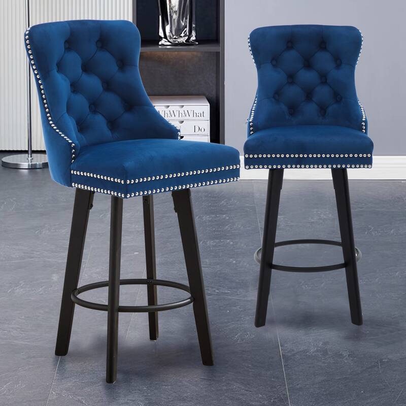 Velvet Swivel Bar Stools Set of 2, Button Tufted Bar Stools with Rivet Trim, Kitchen Stools with Metal Pull Ring & Footrest - Navy Blue