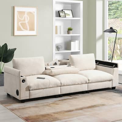 96'' Sectional Sofa with Bluetooth Speaker, Drop Down Table, USB Charger, Storage Armrest