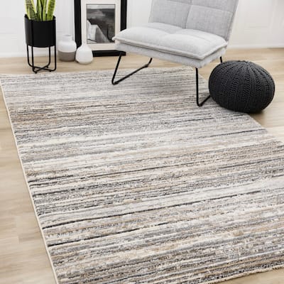 Nalani Collection - Ribbed Soft Cream Grey Distressed Lines Area Rug
