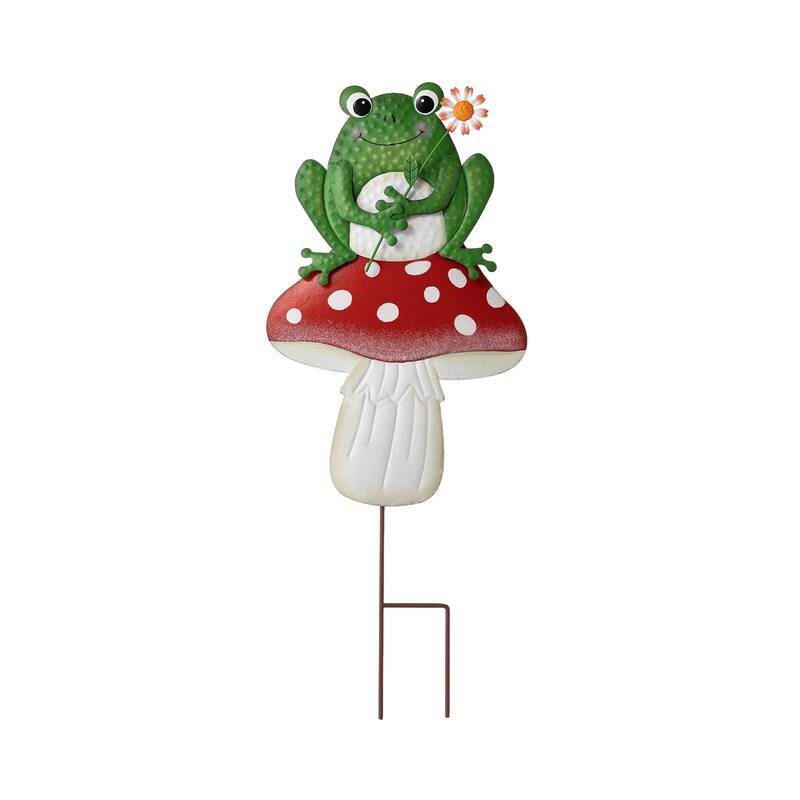 Glitzhome Metal/Wood Frog Stacked Mushroom Welcome Sign Yard Stakes Garden Wall Decor