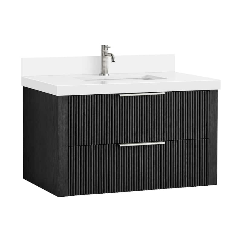 Barcelona Floating Bath Vanity with Quartz Stone Top without Mirror - 36" - Oak Weathered Black