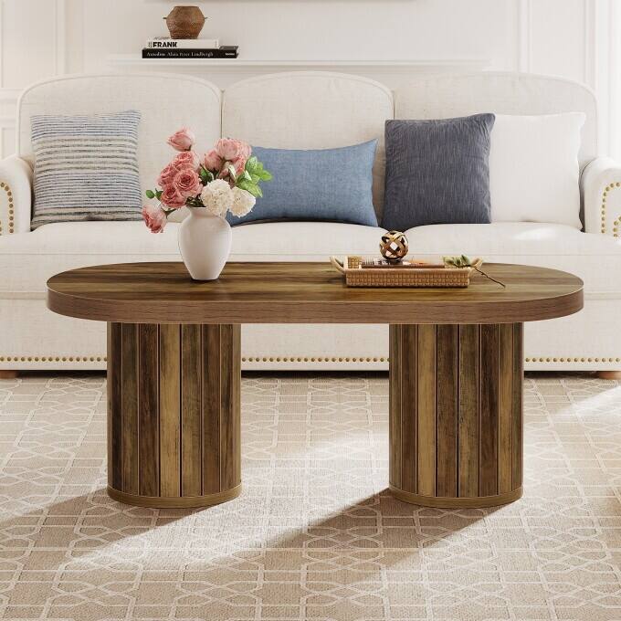 47" Wooden Oval Coffee Table With Slatted Cylindrical Legs