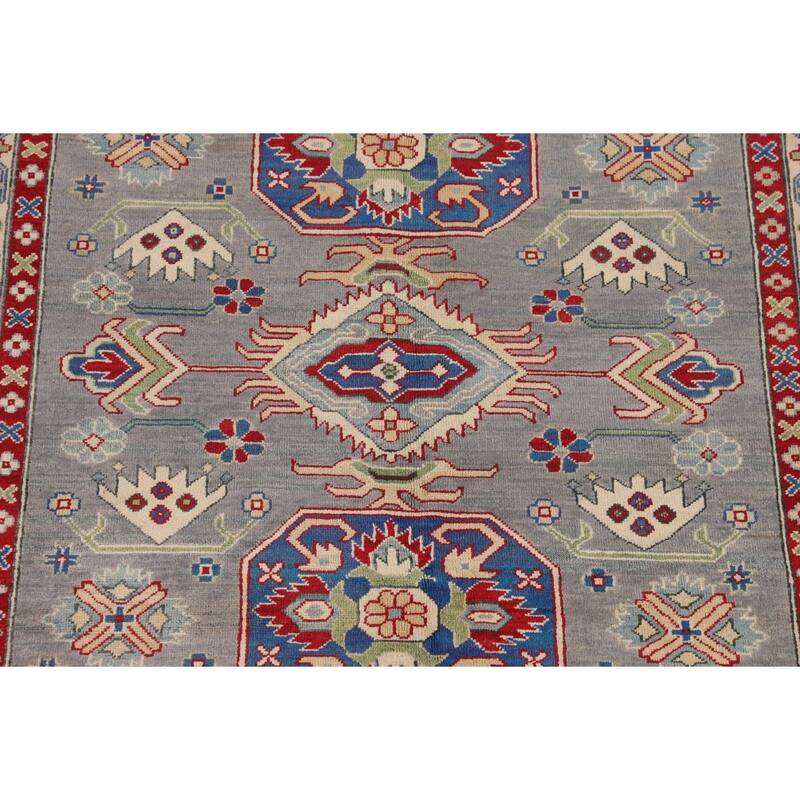 Gray Geometric Kazak Area Rug Hand-Knotted Wool Carpet - 5'2" x 6'7"
