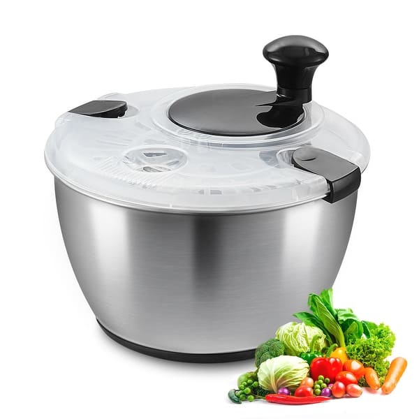 slide 2 of 7, VEVOR Stainless Steel Salad Spinner One-handed Easy Press Large Vegetable Dryer Washer for Greens, Herbs, Fruits, No BPA 4.75Qt