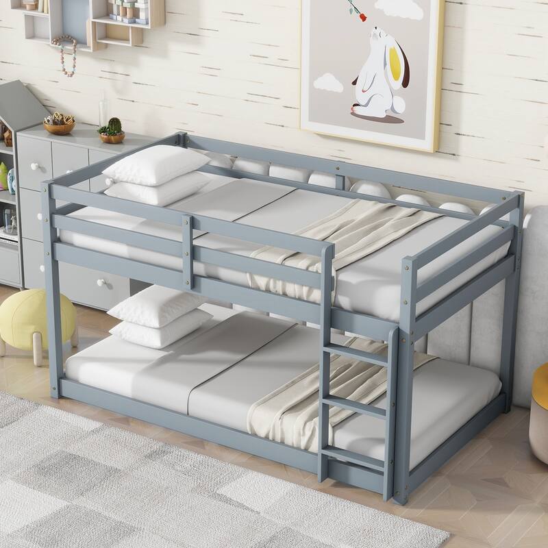 Wooden Twin over Twin Floor Bunk Bed with Ladder ,Upper and Bottom Bed Platforms - Grey