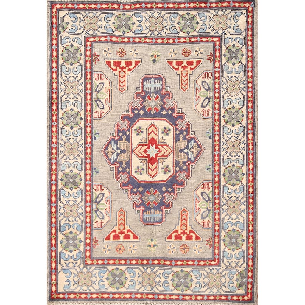 Traditional Grey Kazak Rug Handmade Wool Carpet - 3'5"x 5'0"