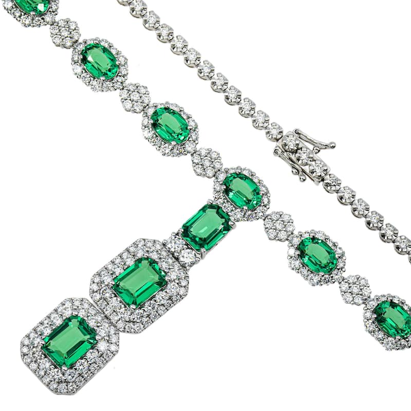House Of Leon White Gold Multi Cut Emerald & Round Diamond Drop Necklace 22.88ct