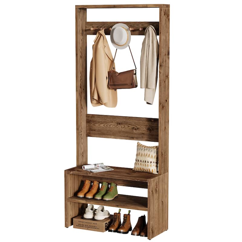 Solid Wood Hall Tree with Bench and Shoe Storage, 74.8" Tall Freestanding Coat Rack - 13.7" D x 33.4" W x 74.8" H