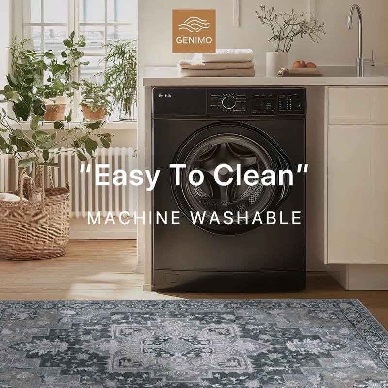 Mcow Grey Floral Low Pile Machine Washable Non-Slip Area Rug