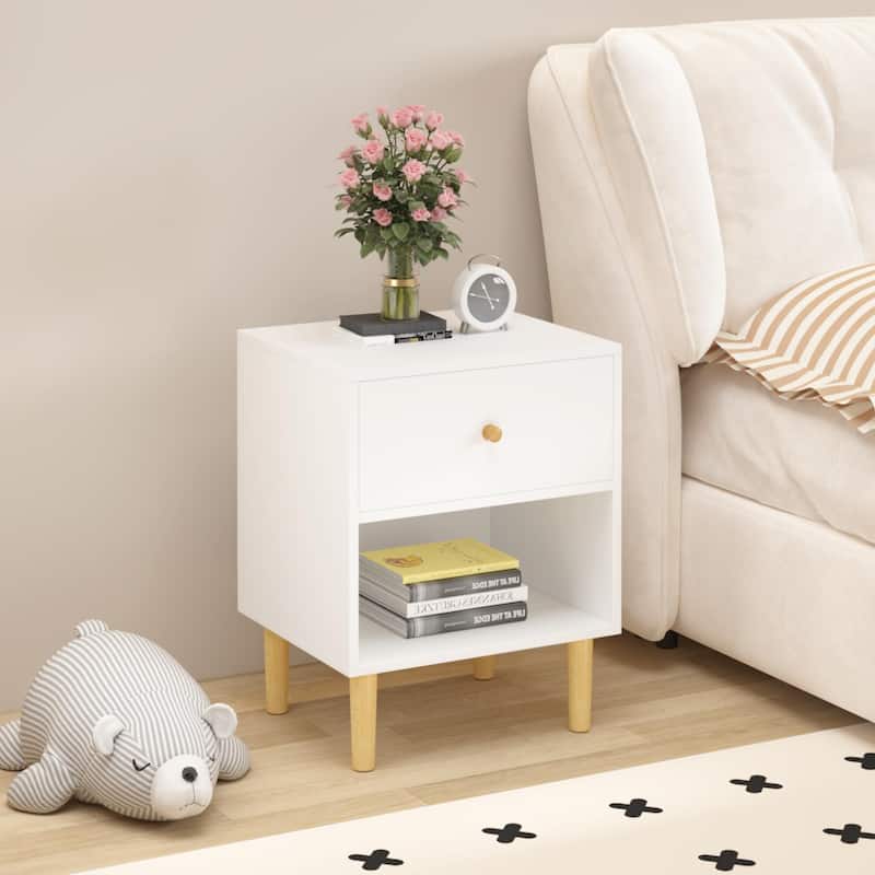 Wooden Nightstand with Drawer, Chair Side End Table with Wooden Legs, Couch Side Table with Open Storage Shelf - White