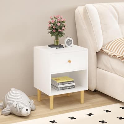 Wooden Nightstand with Drawer, Chair Side End Table with Wooden Legs, Couch Side Table with Open Storage Shelf