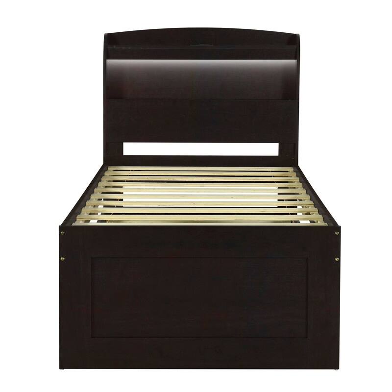 Twin/Full XL Size Platform Bed with Storage LED Headboard &Charging Station, Wood Bed Frame with Twin Size Trundle and 2 Drawers