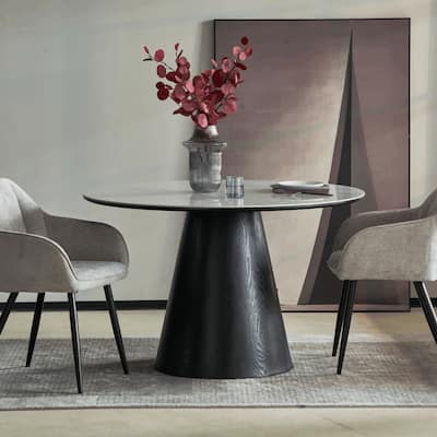 47" Round Dining Table with Sintered Stone Top and Ash Wood Base Riven Series