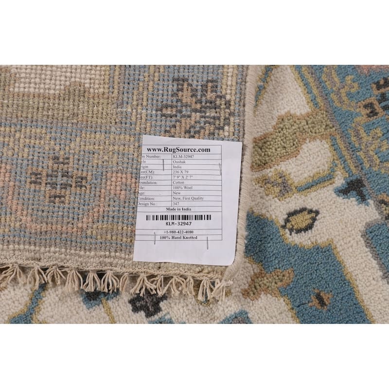 Ivory & Light Blue Oushak Oriental Runner Rug Hand-Knotted Wool Carpet - 2'7"x 7'9"