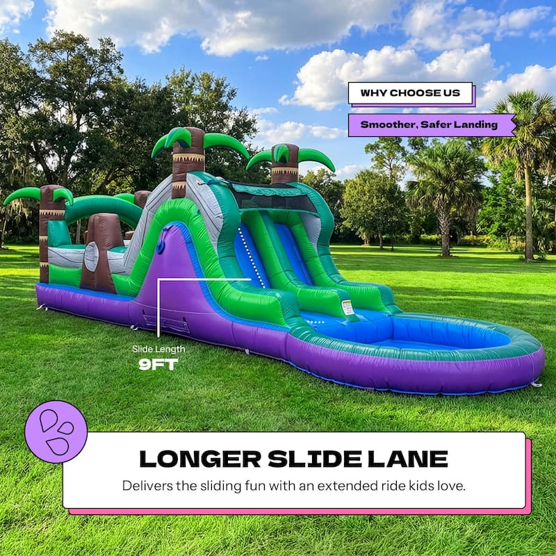 POP JUMP Tropical 28' Obstacle Course with Slide - Green - 8' x 28' x 9'