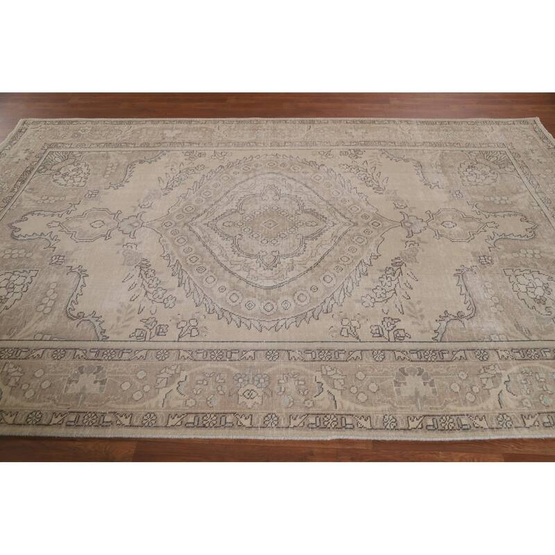 Beige Distressed Tabriz Persian Vintage Area Rug Handmade Wool Carpet - 6'3" x 9'8"