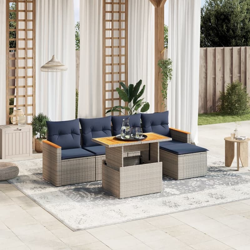 vidaXL Patio Sofa Set with Cushions Outdoor Furniture 6 Piece Poly Rattan - Grey - 21.7 x 21.7 x 14.6