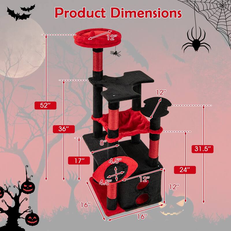 Black and Red Gothic Cat Tree Tower with Condo Perch Hammock and Scratching Posts - 52"