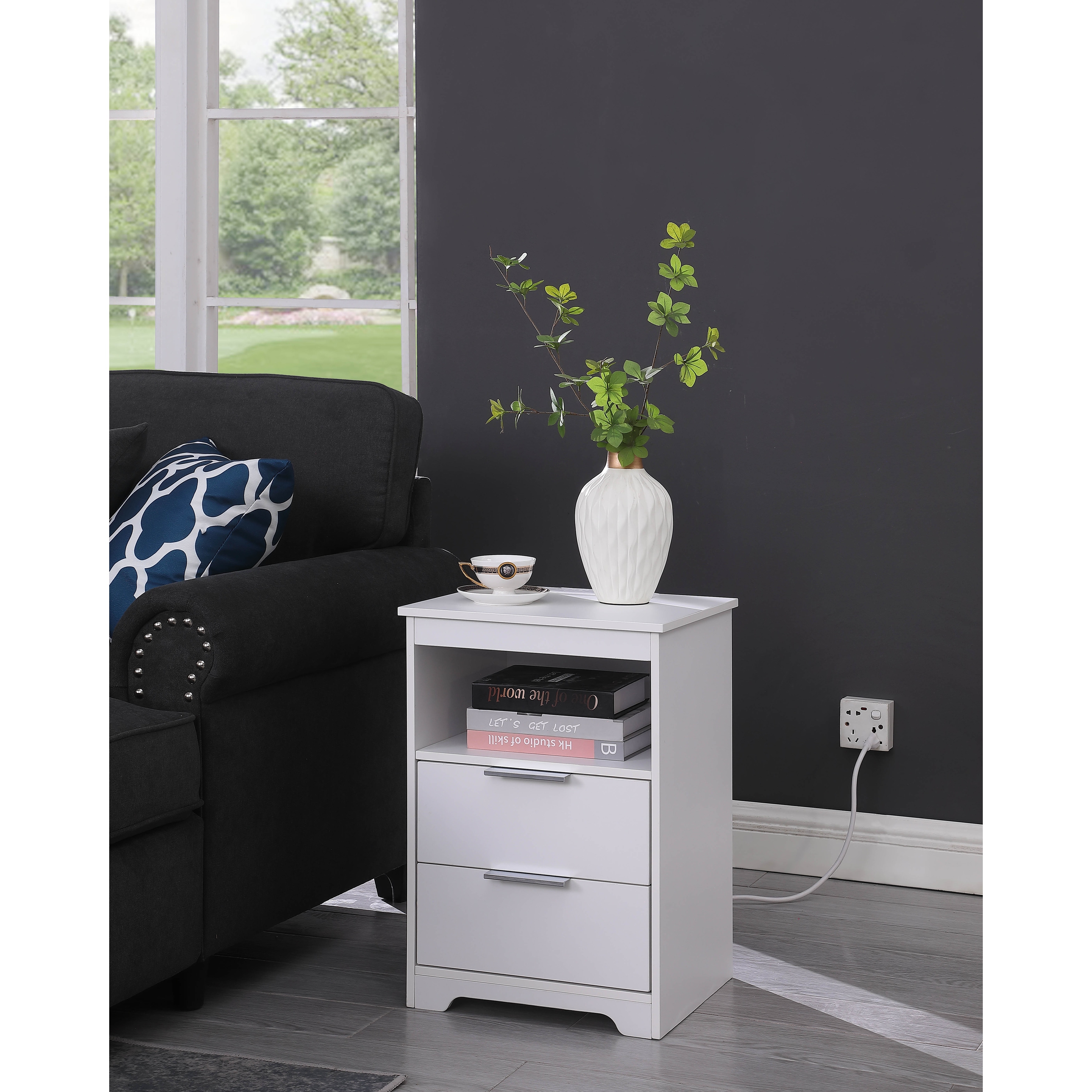 White End Table Side Table Nightstand with 2 Drawers, Lamp Table Dressing Table with Open Shelf and Charging Station