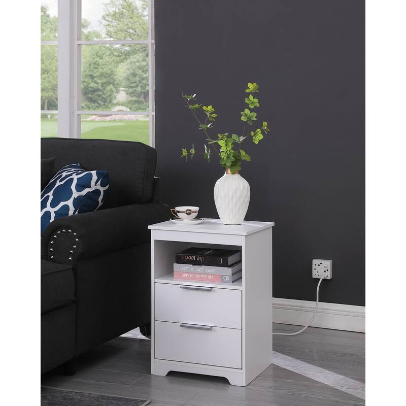 White End Table Side Table Nightstand with 2 Drawers, Lamp Table Dressing Table with Open Shelf and Charging Station - White