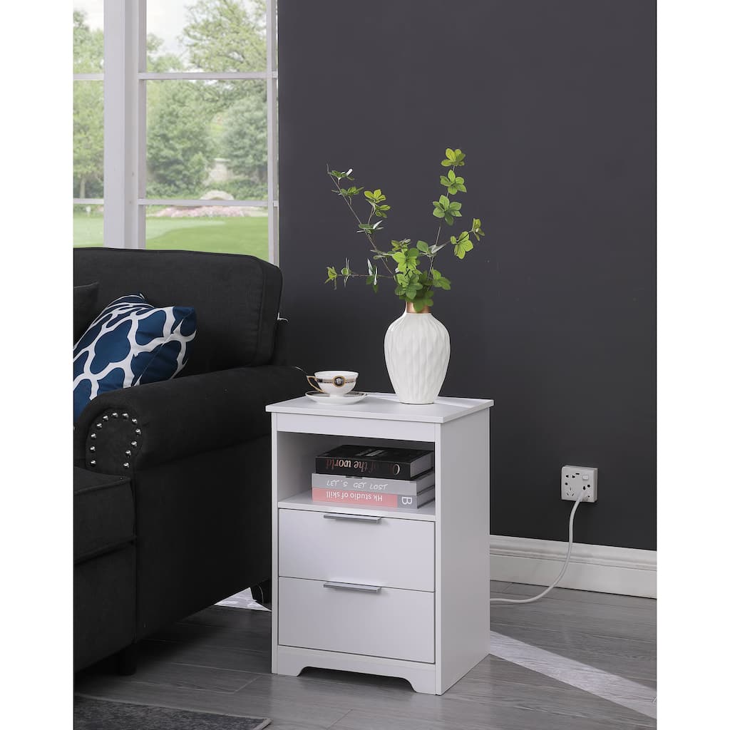 White End Table Side Table Nightstand with 2 Drawers, Lamp Table Dressing Table with Open Shelf and Charging Station