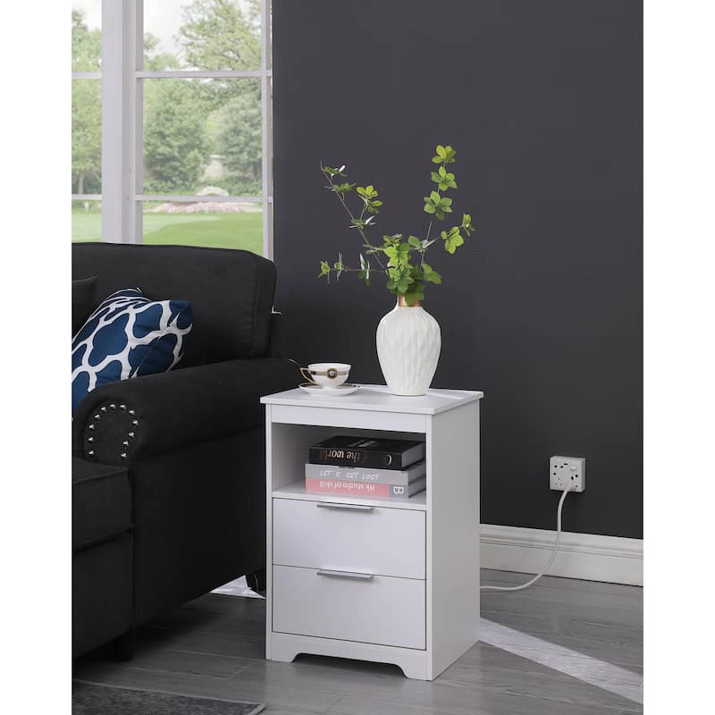 White Wooden Nightstand with Charging Station, Dual Drawers, and Open Shelf for Bedroom or Living Room