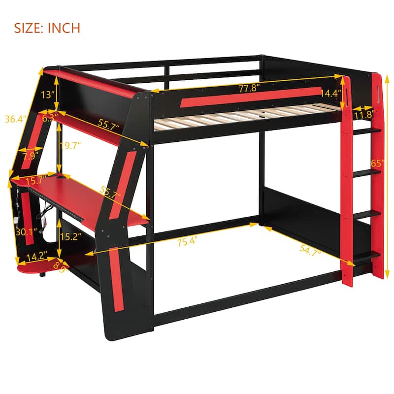 Full-Size Gaming Bunk Bed with RGB Desk, USB Charging & LED Light Strip by Harper&Bright Designs