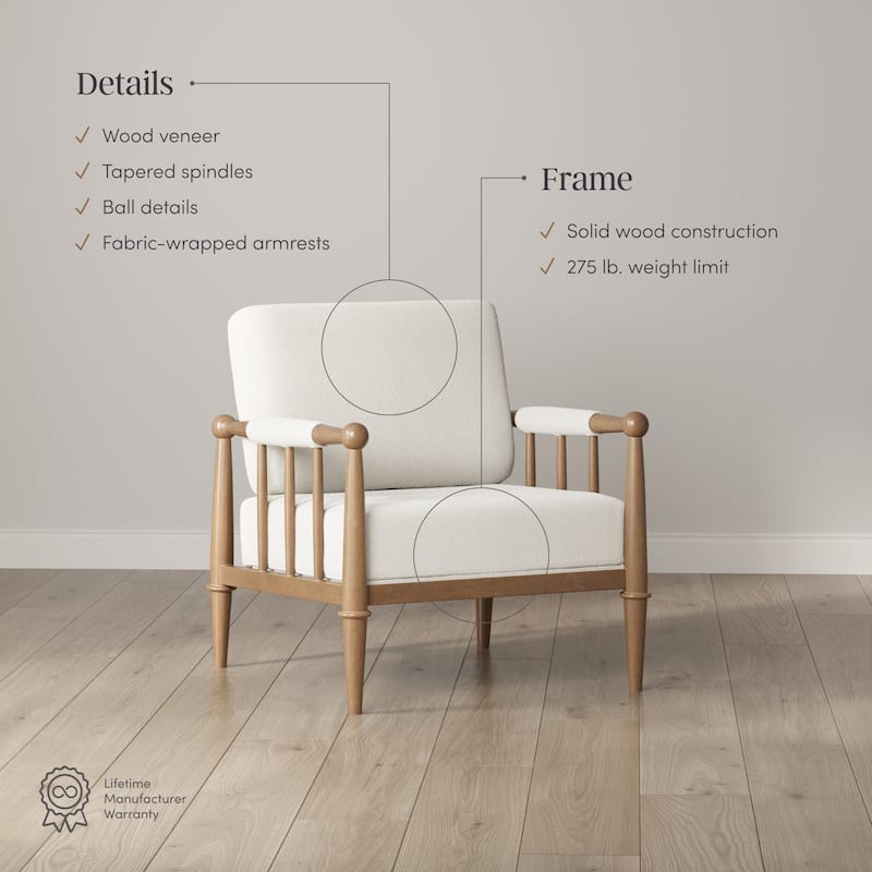Spencer Boucle Accent Chair, Bohemian Armchair with Solid Wood Frame and Upholstered Foam Cushion