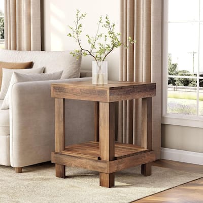 15.7" 2-Tier Wooden End Table with Open Storage Shelves - Farmhouse Square Side Table for Living Room or Bedroom