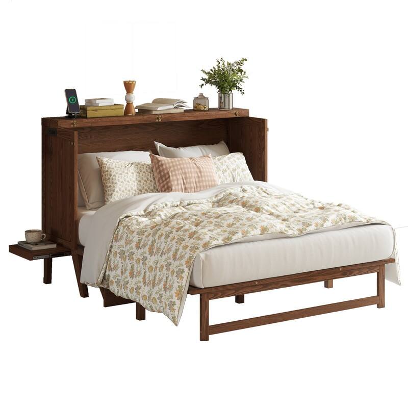 Murphy Cabinet Bed with USB Port and Removable Shelves on Each Side, Space-Saving Cube Cabinet Bed with Desk