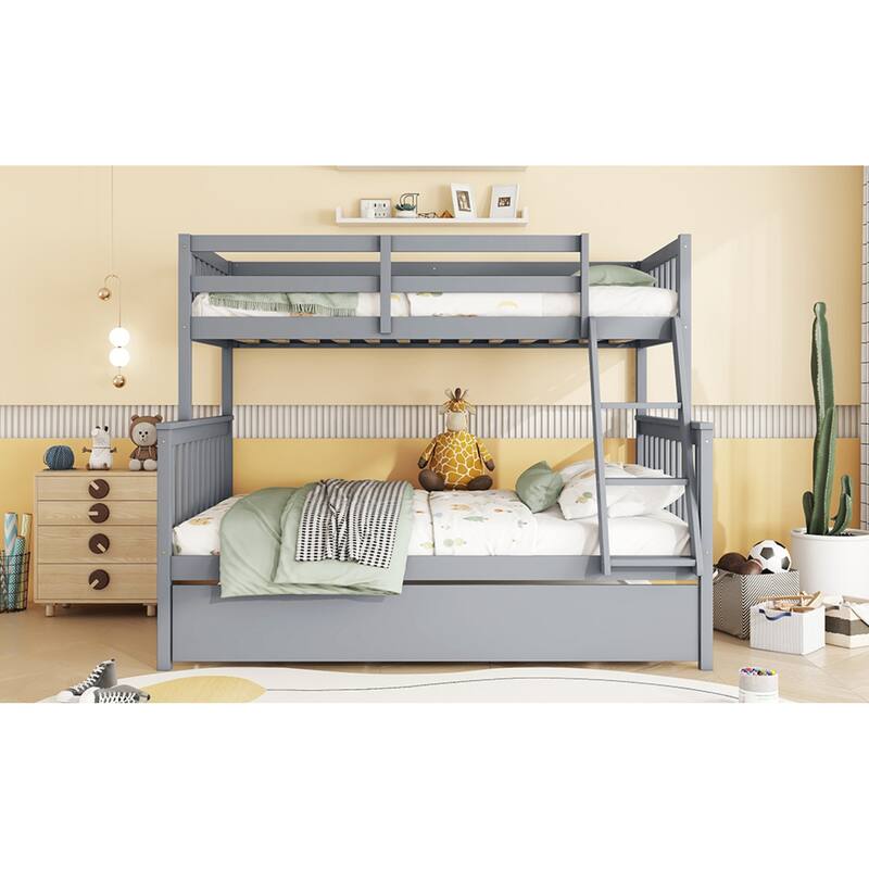 Roomfitters Twin Over Full Rubber Wood Bunk Bed with Trundle, Detachable Convertible Bunk Bed with Ladder and Guardrails