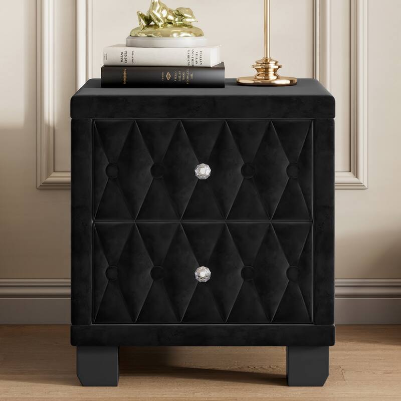 18.1" Luxurious Velvet Nightstand Bedside Table with 2 Drawers & Crystal Handle